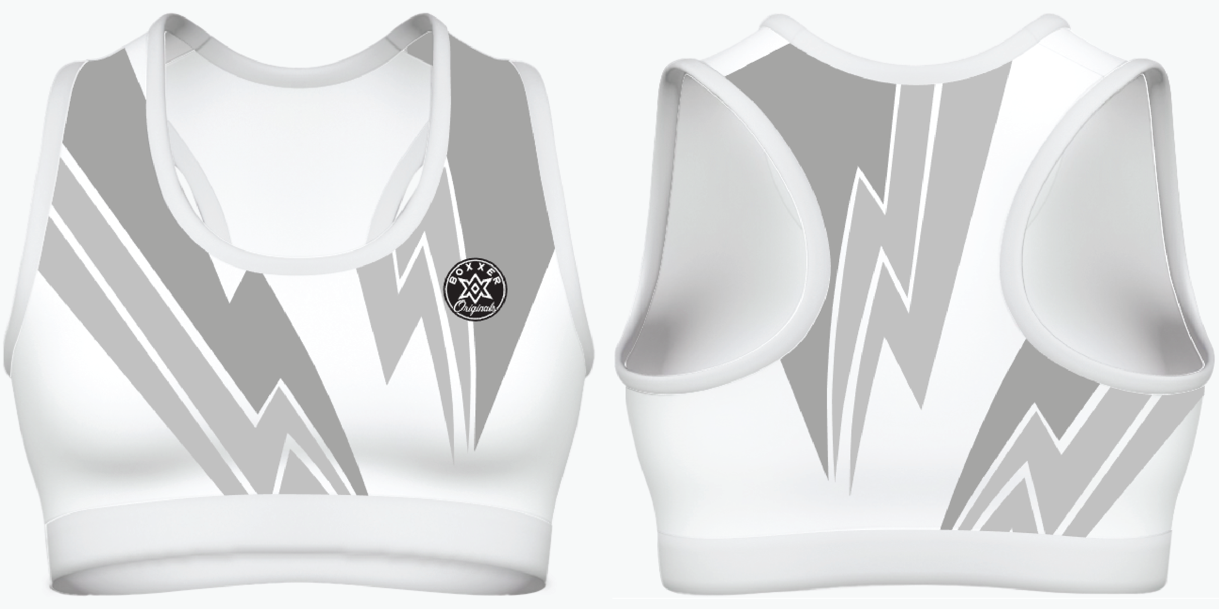 Racer-back sports bra with lightning motifs and optional metallic or crystal trims.